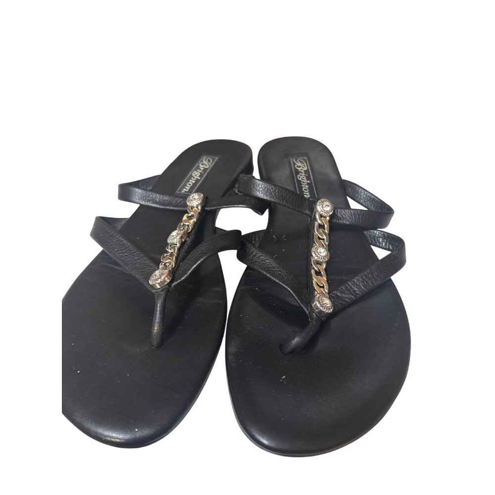 Brighton 8 Black‎ Leather Aruba Sandals With Rhinestone Chain Accent